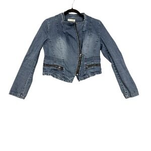 Main Story Jacket Womens Medium Blue Denim Jean Moto Asymmetrical Zip Cropped